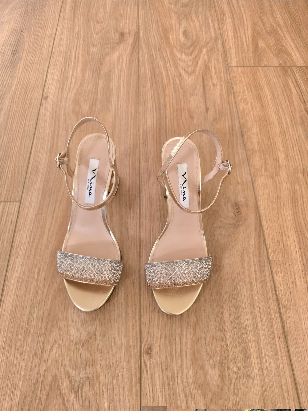 Nina Haven  Gold Ombre Rhinestone Front-Strap Ankle- Block Heel Sandals 6.5